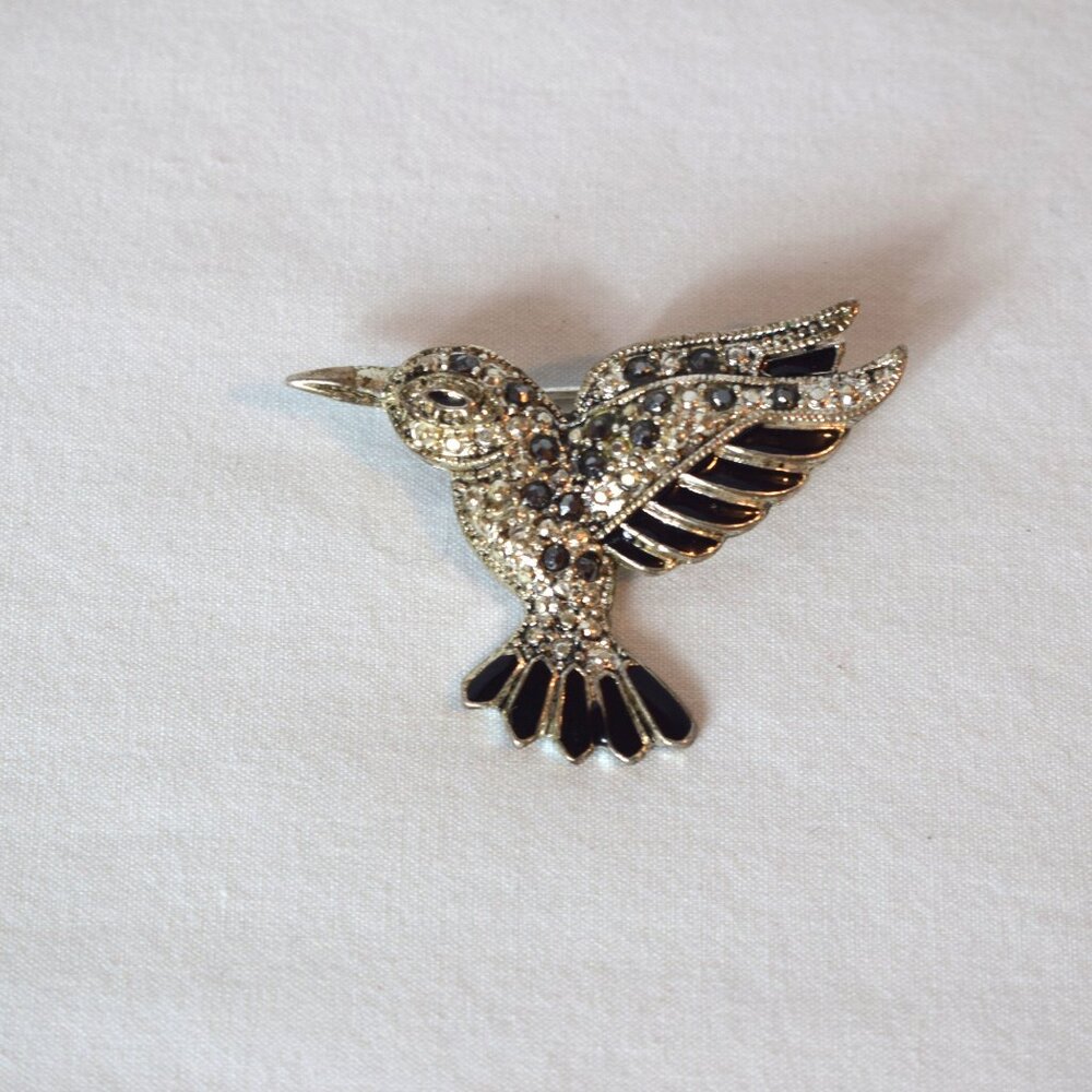 Vintage SilverTone Hummingbird Pin Brooch with Black Enamel and Marcasite Stones